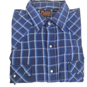 Plains Western Wear Mens Pearl Snap Long Sleeve Cowboy Shirt -Size XL Plaid/Navy